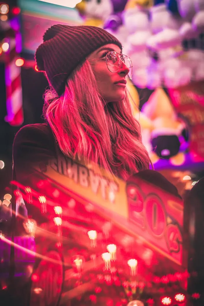 Visitor lit by pink and red neon on a casino floor